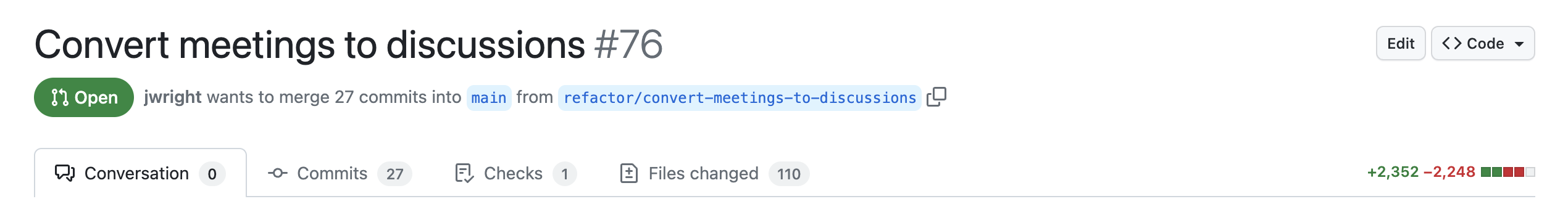 GitHub PR screenshot for changing meetings to discussions